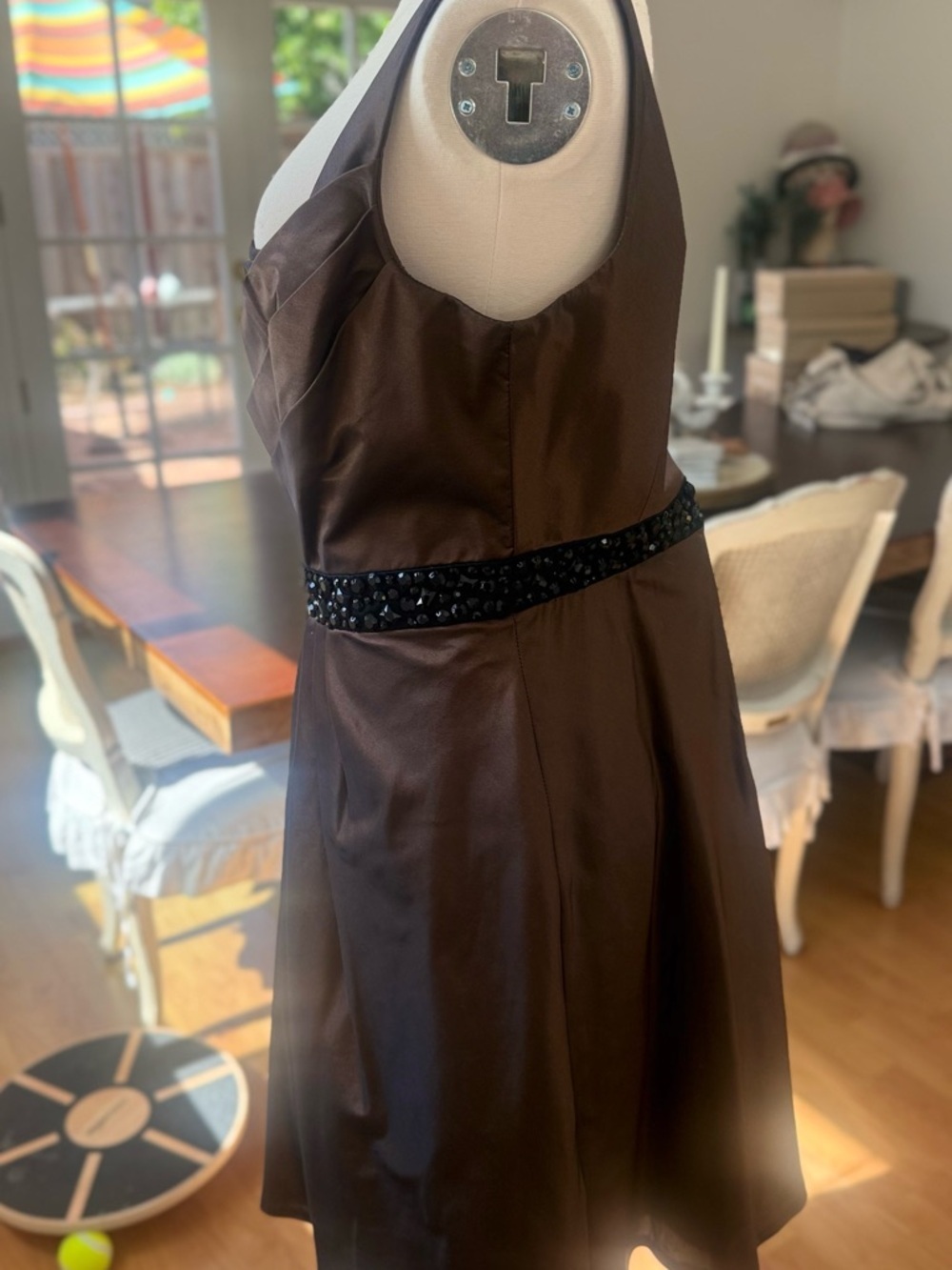 Carmen Marc Valvo Brown Satin Sleeveless Midi Dress with Beaded Waist - Picture 3 of 6